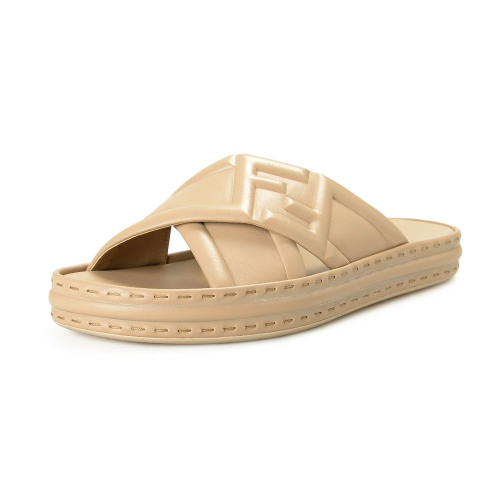 Fendi Men's "7X1501" Beige Leather Flip Flops Pool Slide Sandals Shoes